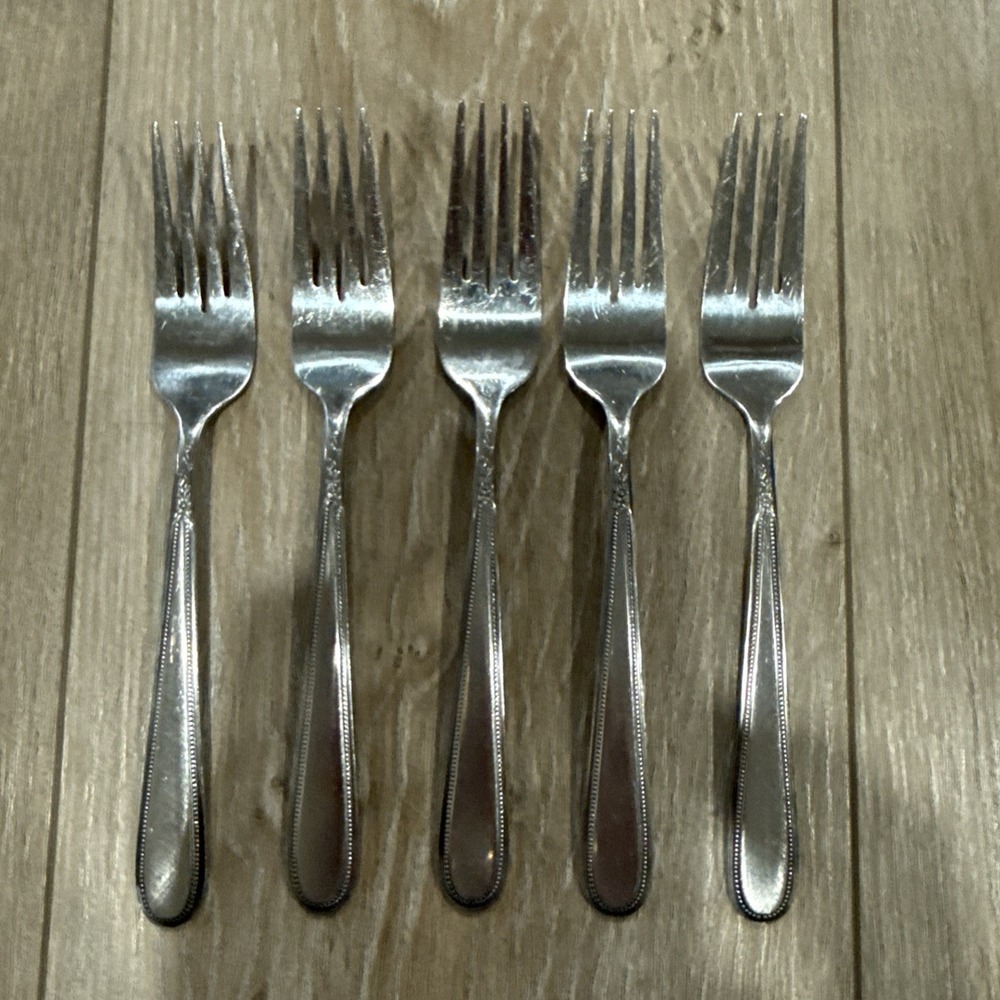 Stanley Roberts Rogers Co Stainless‎ Korea Vanity 5 Dinner Forks Beaded Outline